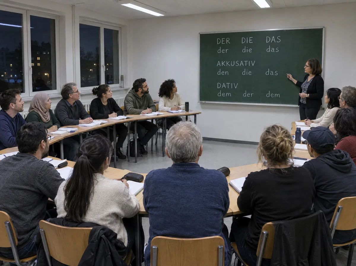 Abendlicher Deutschkurs mit rund zwanzig Erwachsenen vor einer Tafel mit Grammatiknotizen