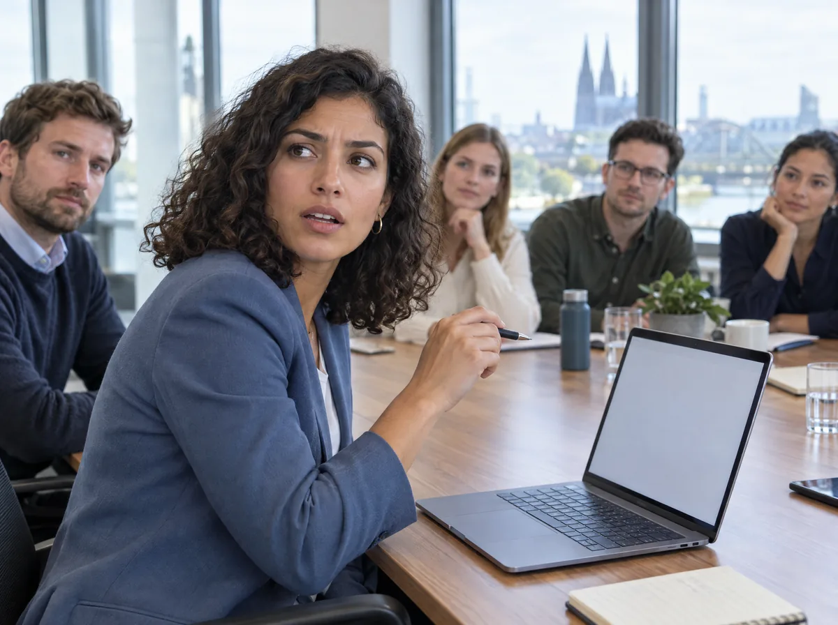 Frau zögert in einer Besprechung im Büro mitten im Satz, Kolleginnen und Kollegen sitzen am Tisch