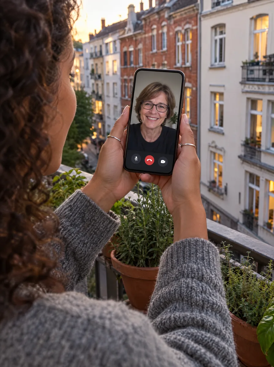Hände halten auf dem Balkon ein Smartphone mit laufendem Videogespräch mit einer Tutorin